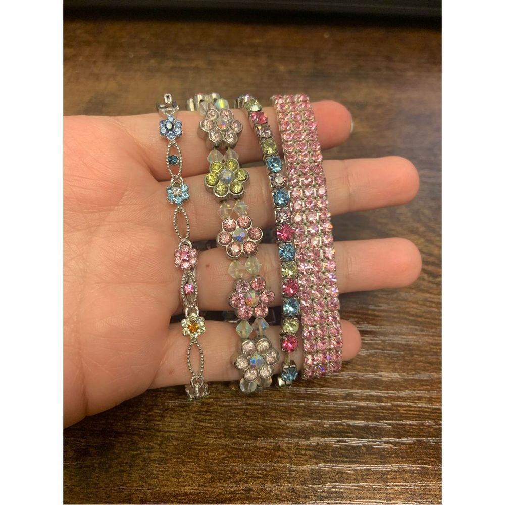 Silver Toned Colorful Rhinestone Small Bracelets Bundle